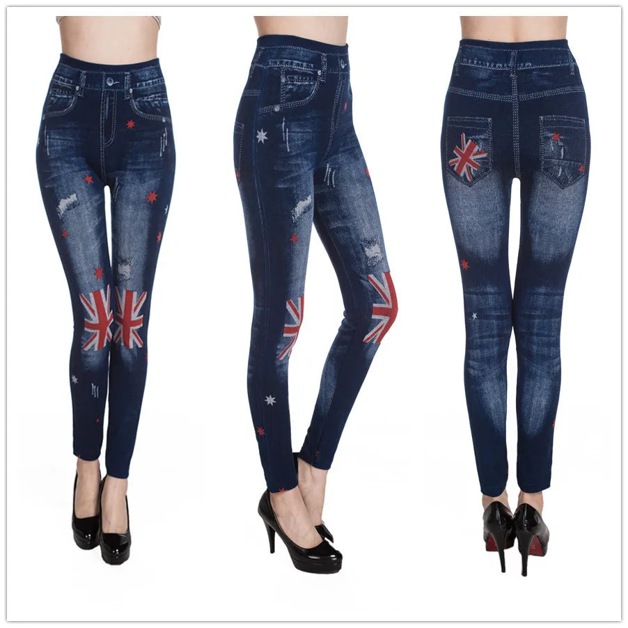 Plus Size Fashion Faux Denim Jeans Leggings