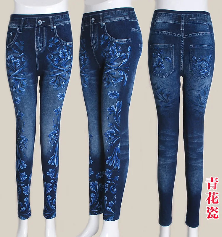 Plus Size Fashion Faux Denim Jeans Leggings