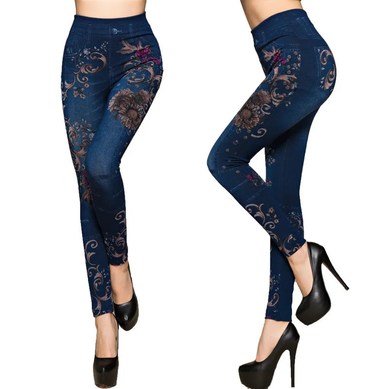 Plus Size Fashion Faux Denim Jeans Leggings