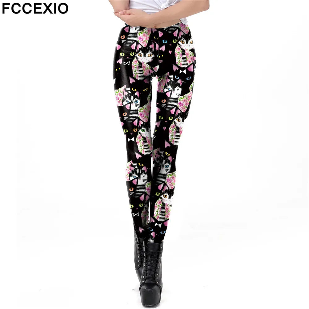 Cat Print Elastic Women Leggings