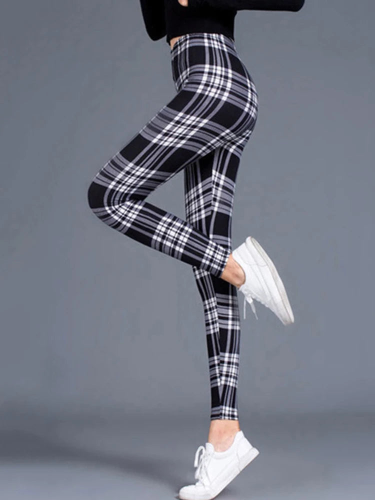 Women's Fitness Pants Elasticity Floral Stripe Grid Leggings